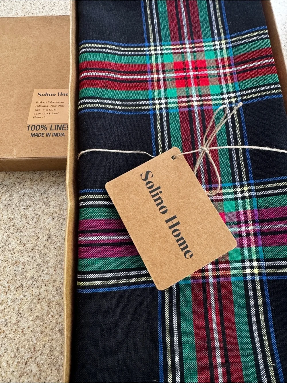 Solino Home Pure Linen 120” Table Runner Black Jewel Plaid Ralph Aesthetic NEW